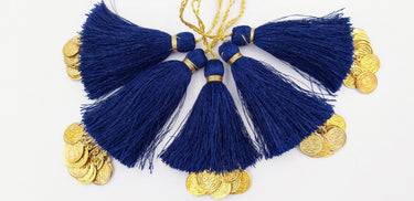 Navy Blue Tassels Latkan With Metal Coins, Indian Latkans, Blue Handmade Sewing Latkans